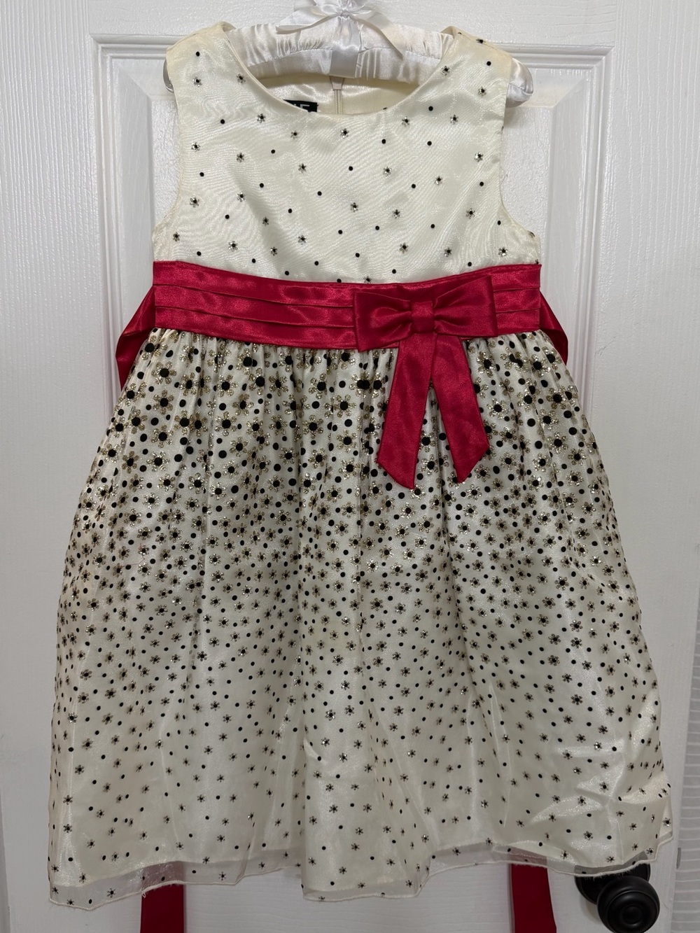 LOVE by Special Occasions Ivory Dress with Black Dot & Metallic Floral Accents